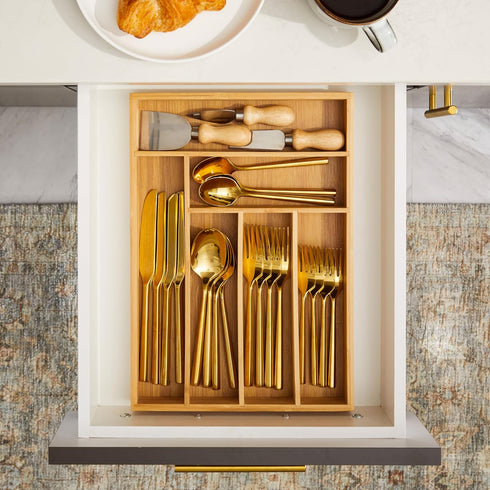 Juvale Bamboo Silverware Drawer Organizer, 6 Slots Wooden Cutlery Tray Holder for Kitchen, 14.5 x 10.25 x 1.75 In