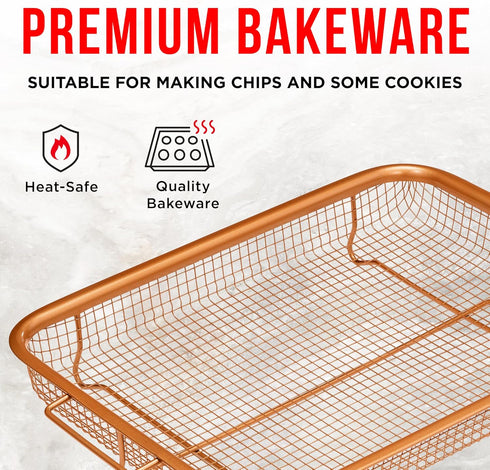 Bakken Swiss Air Fryer Tray, 2-in-1 Nonstick Copper Crisper Air Fry Basket - Extra-large 9.5"x13" for Baking & Crispy