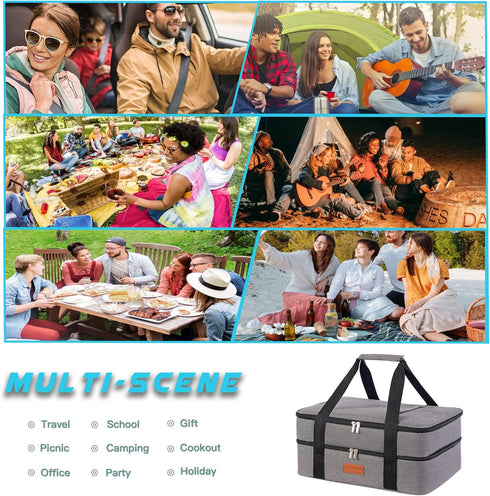 Insulated Lunch Bag, Double Decker Casserole Carrier for Hot or Cold Food, Fits 9"x13" Baking Pan, Gray