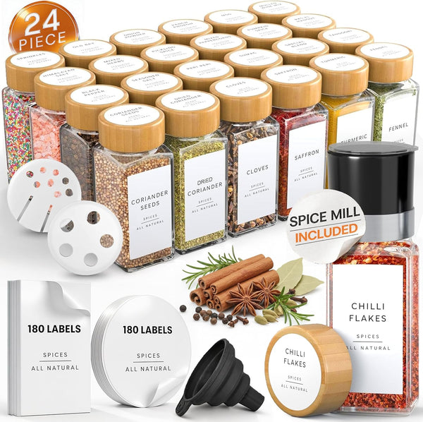 Glass Spice Jars with 360 Labels -24 pcs- 4oz- Spice Containers with