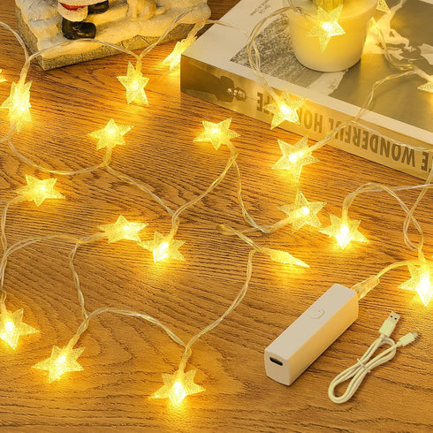 Lakumu Star String Lights Battery Operated, LED Star Fairy Lights Rechargeable, 17FT