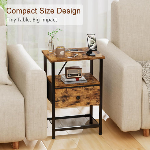 HETS010BR-1 LOAKEKEL Night Stand with Charging Station, Small Bedside Table with Fabric Drawer, Nightstand with USB