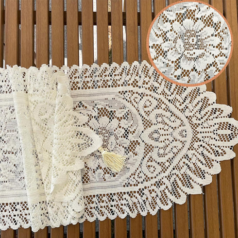 RHVQ 2Pcs Beige(13"x45") Lace Table Runners with Tassels, Farmhouse Boho Doily Vintage Floral Dollies for Tables