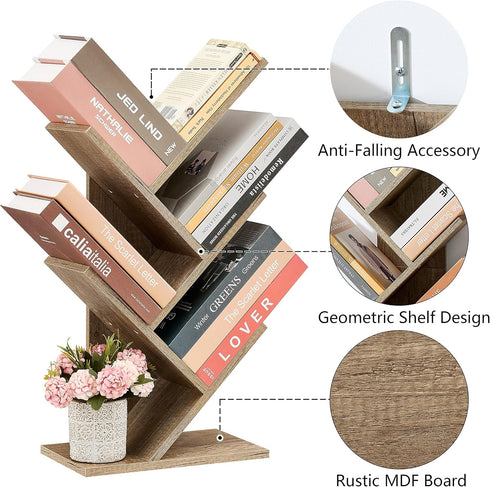 Hoctieon 4 Tier Tree Bookshelf, Modern Free Standing Bookcase, Utility Organizer Shelves for Home Office, Greige