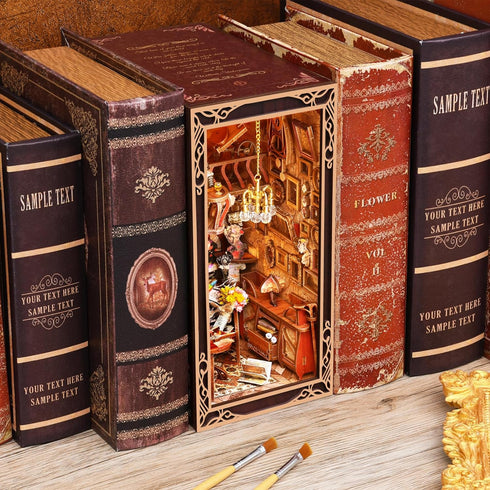 3D MiniCity Book Nook Kit, DIY Miniature Dollhouse Booknook Kit, Wooden Puzzle Bookend Bookshelf Insert Decor with LED