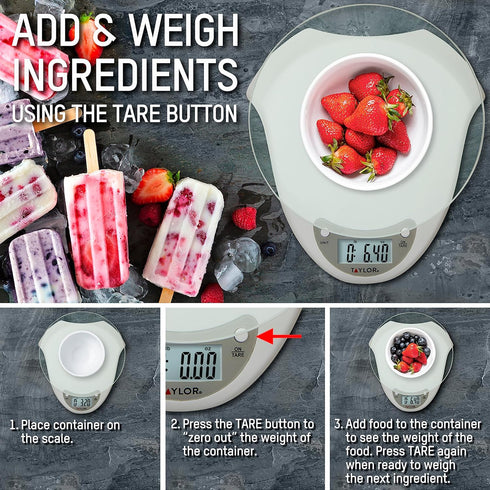Taylor Digital Kitchen Scale with Glass Platform, Weighs up to 11 Pounds, White