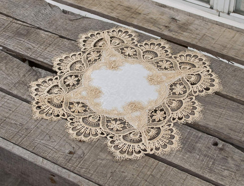 Gold European Lace and Antique Jacquard Fabric Doily - 14 Inch Square Placemat