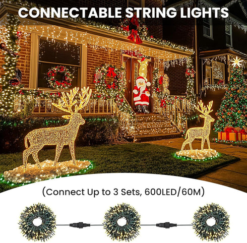 65FT/20M 200 8 JTSIOV Christmas Tree Lights, LED Christmas Lights Plug in, Modes Waterproof Outdoor Lights Indoor