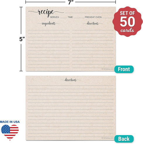 321Done 5" x 7" Recipe Cards (Set of 50) - Extra Large Double-Sided Premium Card Stock - Made in USA - Script Font Minimalist, Large Kraft Tan by 321Done