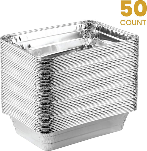 PLASTICPRO Disposable 2 LB Aluminum Baking Pans, 6'' X 8'' X 2'' for Cakes, Brownies, Meatloaf, Pack of 50