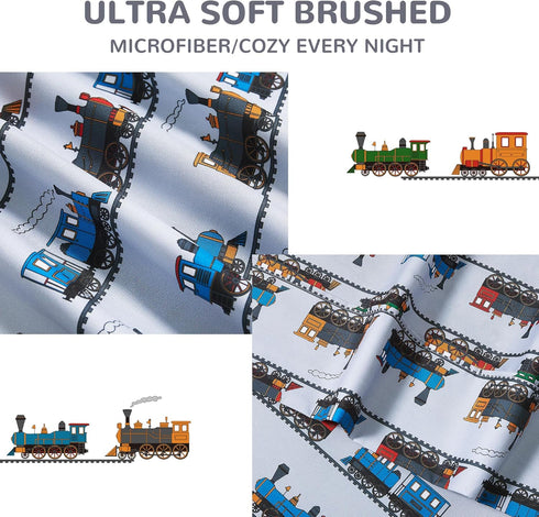 4 Set Sets- Viviland Pieces Boys Grey Full Sheet - Soft Microfiber Fitted Flat Sheets & Pillowcases - Retro Train Print