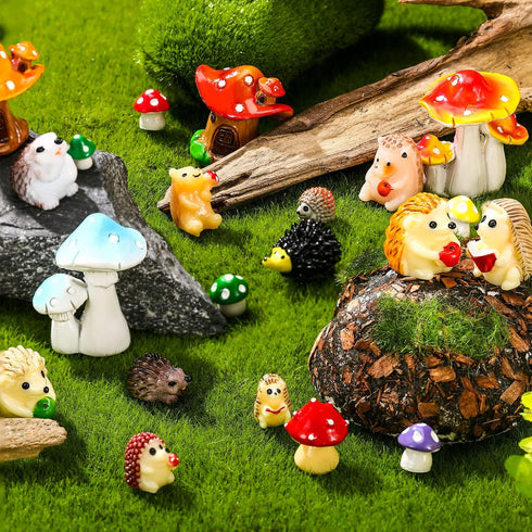 Woanger 30 Pcs Fairy Outdoor Garden Accessories, Resin Mini Hedgehog Mushroom Figurines for Terrarium Decor