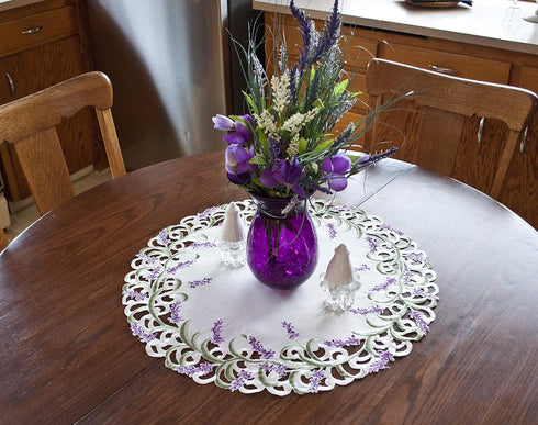 Linens, Art and Things Embroidered Purple Lavender Lilac on Ivory Large Doily, 24 Inch Round