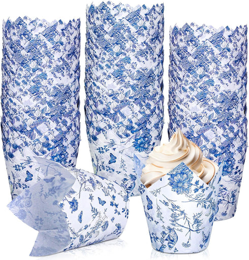 Whaline 200Pcs Blue Floral Cupcake Liners, Chinoiserie Muffin Baking Wrappers for Bridal, Baby Shower, Wedding,