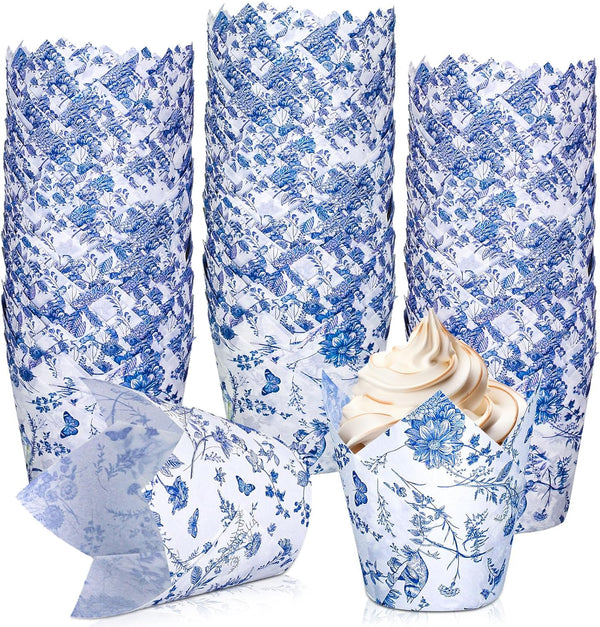 Whaline 200Pcs Blue Floral Cupcake Liners, Chinoiserie Muffin Baking Wrappers for Bridal, Baby Shower, Wedding,