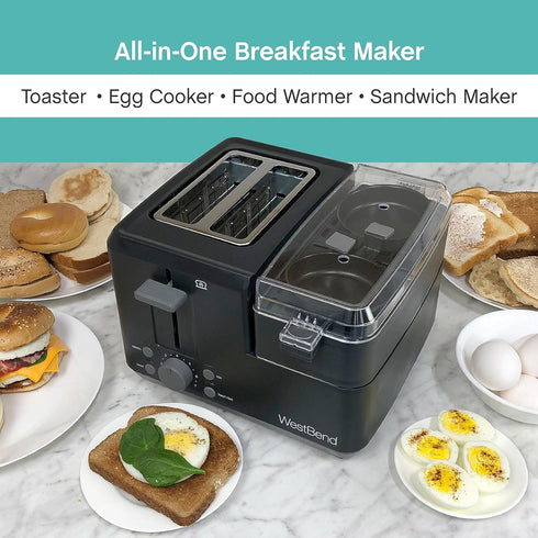 West Bend 78500 Breakfast Station, Black, 2-Slice Toaster with Egg Cooker/Poacher & Warming Tray