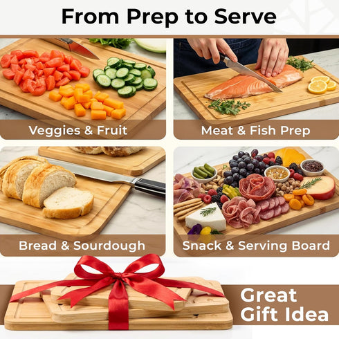 Set 3 Set of Bamboo Cutting Boards for Kitchen - Thick & Durable Wood Cutting Boards with Deep Juice Grooves & Build