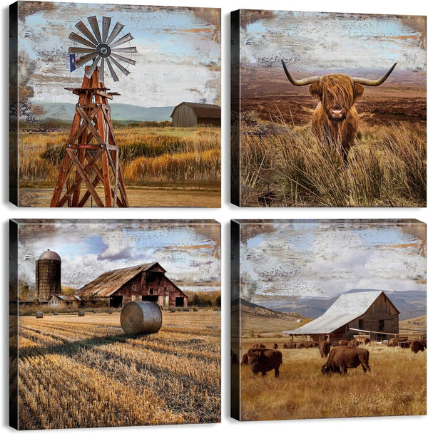 Country Wall Art Farmhouse Kitchen Decor, Highland Cow Barn Windmill Pictures, Rustic Vintage Posters, 12x12” 4Pcs