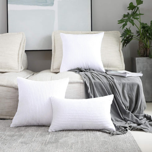 Home Brilliant Oblong Throw Pillow Covers 12x20 Striped Corduroy Rectangle for Spring Decor, Pure White