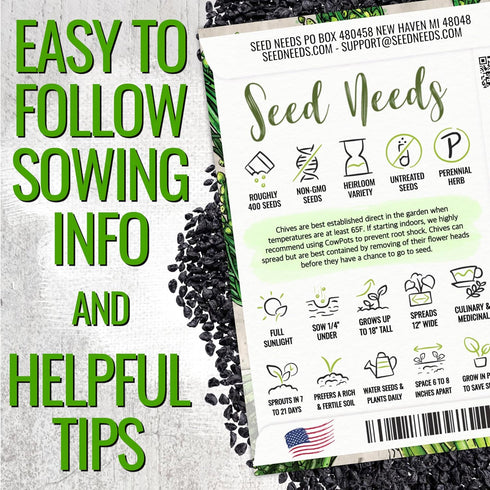 Common 2 Packets) Seed Needs Chive Seeds for Planting Garlic & Chives Herbs - Non-GMO Heirloom & Untreated Garden Seed