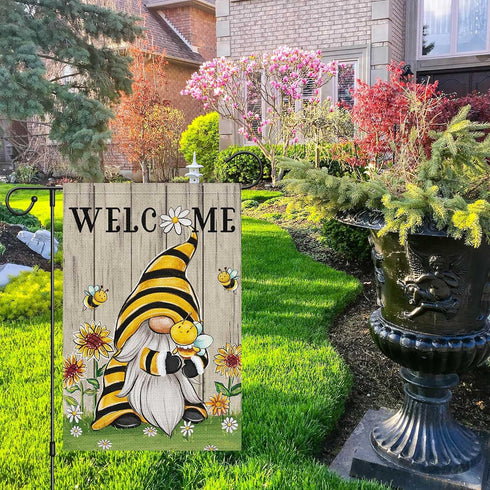 Welcome Summer Gnome Garden Flag, Spring Summer Bee Sunflower 12x18 Double Sided Burlap House Flag