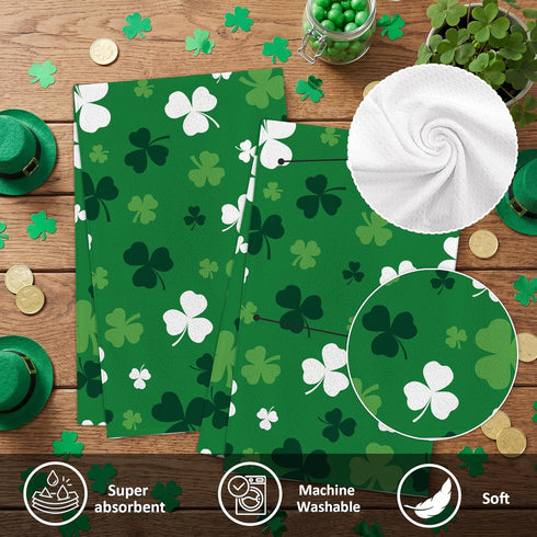 FUTBU Set 2 18x26 Inch St. Patrick's Kitchen Towels, Green Clover Shamrock Dish Towels of for Bathroom Decorations