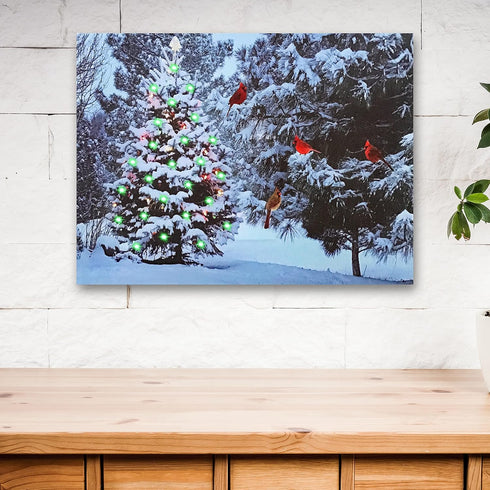 BANBERRY DESIGNS Lighted Christmas Tree & Cardinal Birds LED Canvas Print - Snowy Winter Scene Wall Art