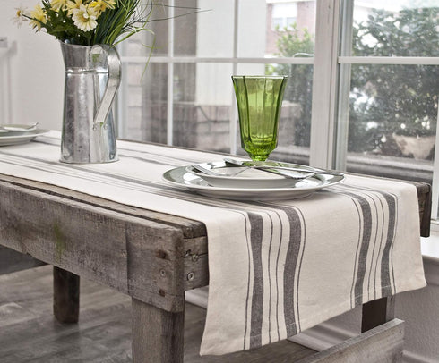 Gray Beige Stripped Farmhouse Cotton Table Runner, Dresser Scarf, Rustic Décor (17Wx54L)