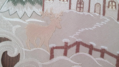 Christmas Table Runner with Reindeer and Cabin, Tan Burlap Style Material, Size 34 x 15 inches
