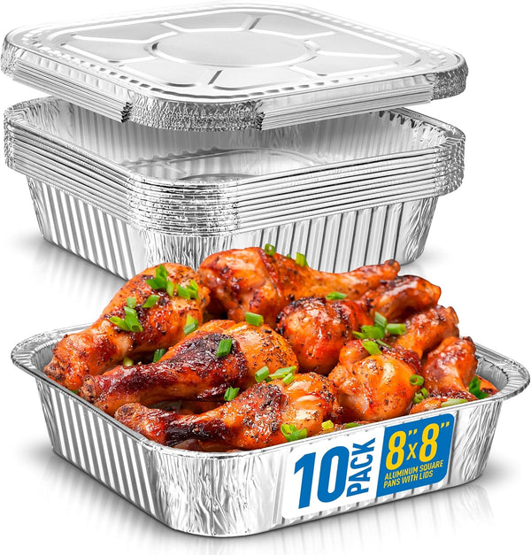 10 Pack 8x8 Disposable Aluminum Pans With Lids - Foil Pans for Cooking, Baking Cakes, Roasting & Homemade Breads