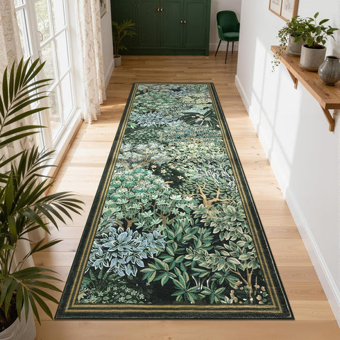 2.5x8, GarveeHome Forest Runner Rug Blue Green Washable Runner Rug for Kitchen, Botanical Low Pile Non Slip Stain