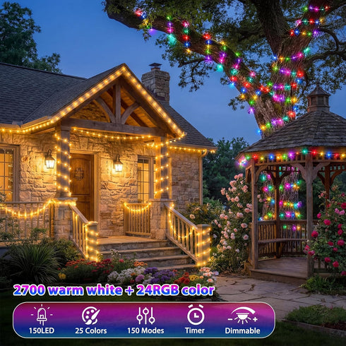 50FT 150 30V 24 150 LED Fairy Lights Plug in, RGB Colors+Warm White Color Changing Twinkle Lights, Lighting Modes Timer