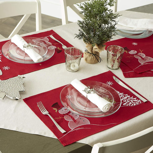 DII Christmas Kitchen Embroidered Table Décor Collection, Snowman Placemat Set, 13x19, Red, 4 Piece