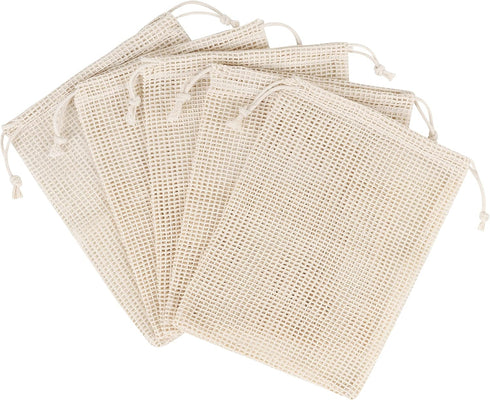 PALTERWEAR 100% Natural Cotton Double Drawstring Mesh Bag - For Herbs, Nuts, Spices, Set of 5