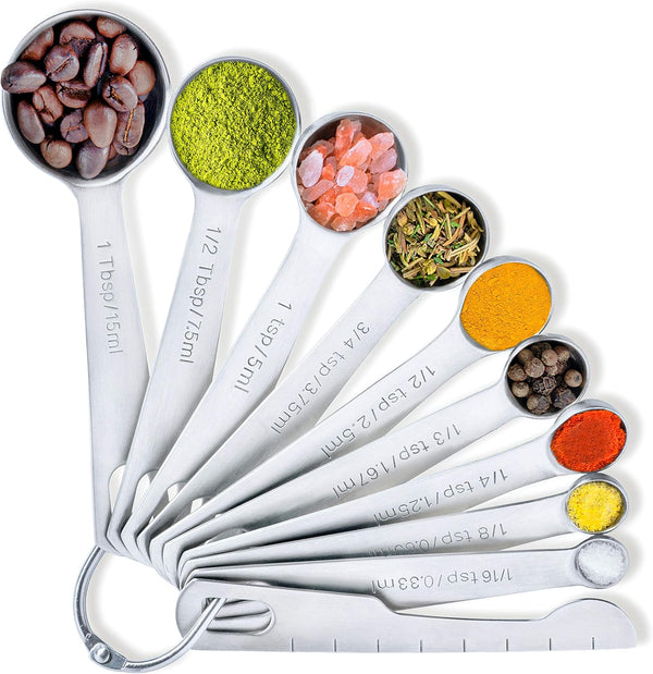 BALCI 9 Measuring Spoons Set - Heavy Duty 18/8 Premium Stainless Steel with US & Metric Measurements + Leveler