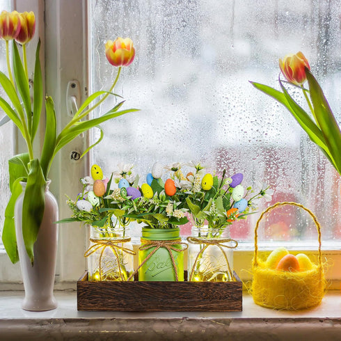 DUOER Easter Centerpiece Table Decorations for Table Runner Farmhouse Coffee Table Decor with Wood Tray and Led Light