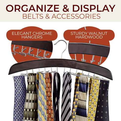Richards Wooden Tie Rack, Hanging Organizer for Men's Closet Accessories, Holds 24 Ties, Walnut Wood