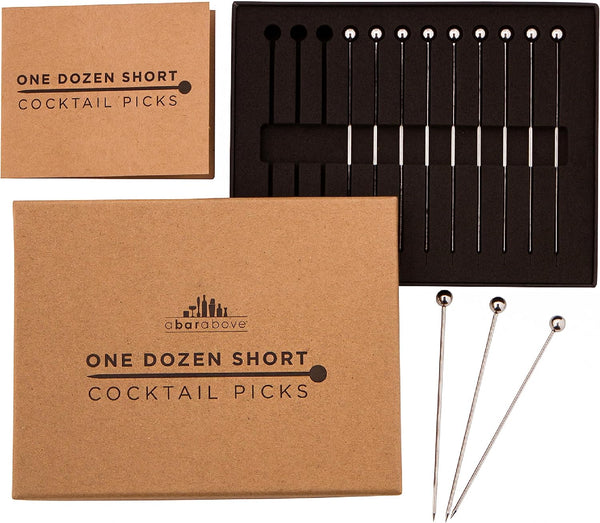 A Bar Above 12-Piece Stainless Steel Cocktail Picks - Short Reusable Garnish Sticks for Drinks, Appetizers, Martinis,