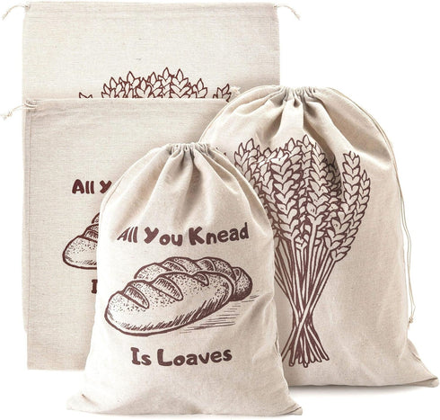 Linen Bread Bags, Pack of 4 Large and Extra Large Reusable Drawstring Bags for Homemade Artisan Bread Storage