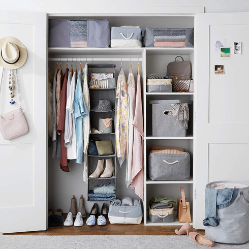 Amazon Basics Hanging Closet Shelf Organizer, 6-Tier with Pockets, 8.5" D x 12" W x 9" H, Grey