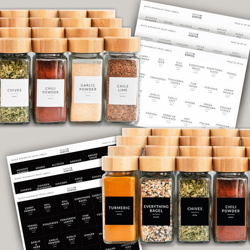 24PK Set 4oz, 374 SAVVY & SORTED Glass Spice Jars with Label, Bamboo Jar Spices Spice Labels, Pepper Grinder, Empty