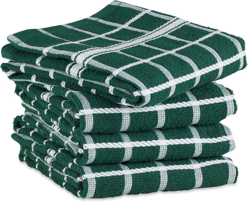 DII Basic Terry Collection Windowpane Dishtowel Set, 4 Piece, 16x26, Dark Green Check