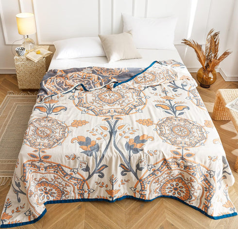 MEJU 100% 4 60 80 Round Flower Branch Boho Mandala Muslin All Season Throw Blanket for Bed Sofa Couch, Combed Cotton