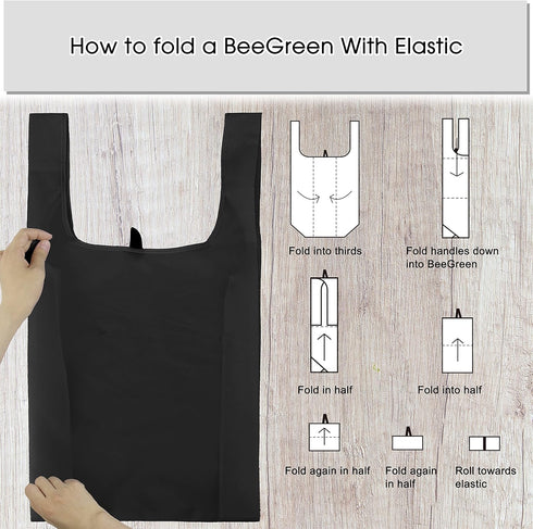 BeeGreen 12 Pack Black Reusable Grocery Bags Shopping Bags for Groceries Heavy Duty - Foldable Polyester Grocery Totes