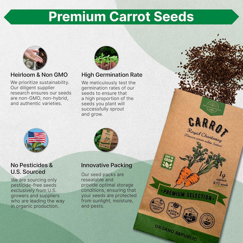 Pack 1G 850 Packet, Organo Republic Carrot Royal Chantenay Seeds - Over of Non-GMO Heirloom Carrot Seeds for Planting