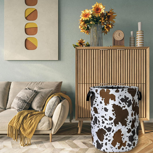 SELIONLIKN 18.9" x16.5" Cows Skin Brown Print Laundry Basket Foldable With Handles Tote Bag Oxford Cloth Animal Funny