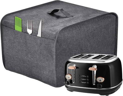 Toaster Cover, Grey 4 Slice with 2 Pockets, Holds Jam Spreader Knife & Toaster Tongs, Dust and Fingerprint Protection