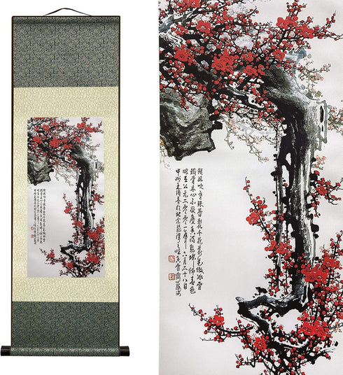 AtfArt Asian Wall Decor, Beautiful Silk Scroll Painting Flowers - Proud Plum, Iron Heart Oriental Wall Hanging