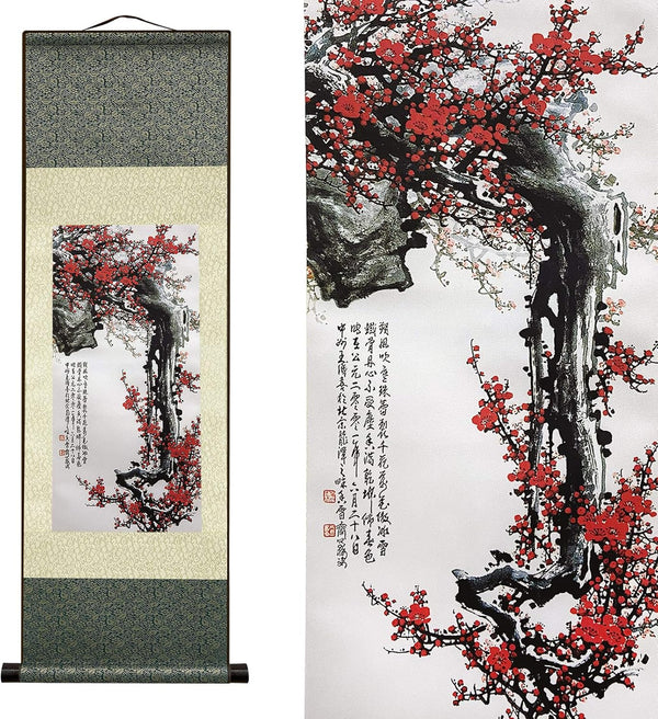 AtfArt Asian Wall Decor, Beautiful Silk Scroll Painting Flowers - Proud Plum, Iron Heart Oriental Wall Hanging