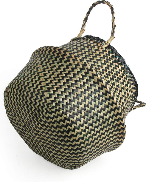 Woven Seagrass Belly Basket for Storage, Plant Pot Basket, Laundry, Picnic, and Grocery Basket (Medium, black strips)